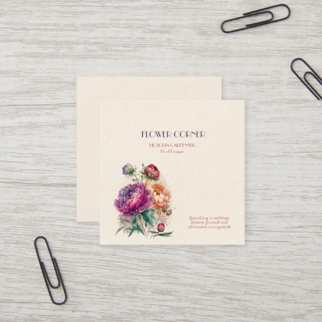 Florist Shop Peonies Square Business Card (Front/Back In Situ)