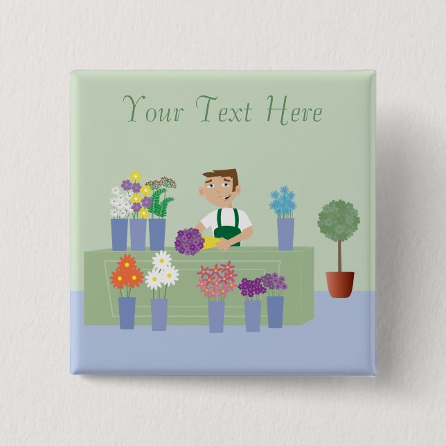 Florist Working In Store With Flowers Personalized 2 Inch Square Button (Front)