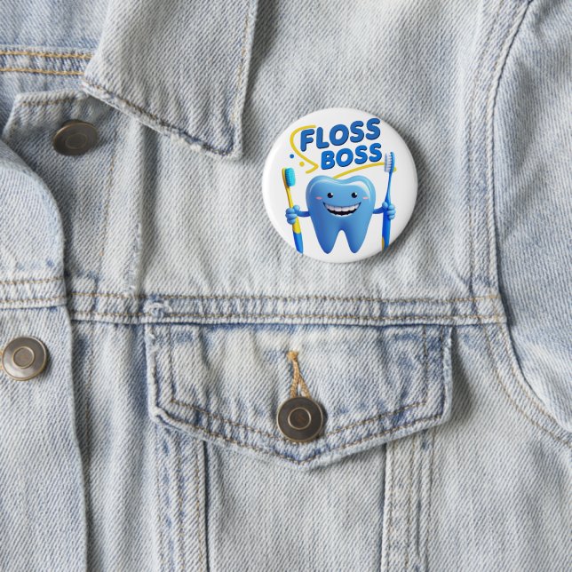 Floss Boss Patch – Fun Dental-Inspired Embroidered 2 Inch Round Button (In Situ)