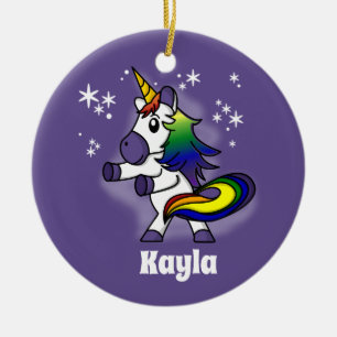 Flossing Rainbow Unicorn with Starry Background Ceramic Ornament