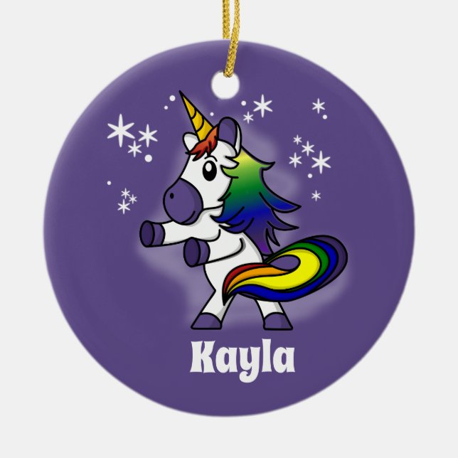Flossing Rainbow Unicorn with Starry Background Ceramic Ornament (Front)