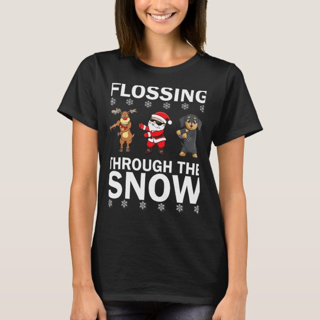 Flossing Through The Snow Santa Reindeer Dachshund T-Shirt (Front)
