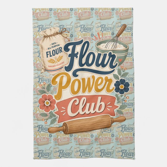Flour Power Cottage Baking Club Pattern Kitchen Towel (Vertical)