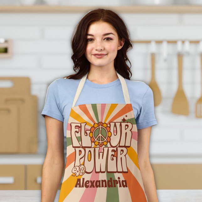 "Flour Power" Retro 60s Funny Cooking Baking Apron ("flour power" 60s 70s hippy apron funny cute retro w/ custom name peace sign baking apron for women)