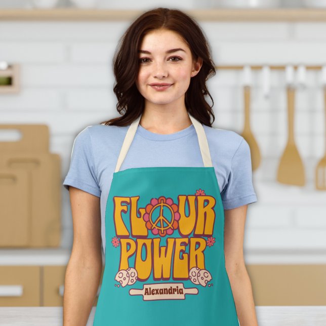 "Flour Power" Retro 70s Funny Cooking Baking Apron ("flour power" funny retro vintage 60s 70s apron with cookies and rolling pin custom name peace sign )