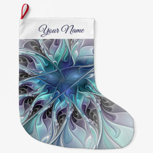Flourish Abstract Modern Fractal Flower Blue Name Large Christmas Stocking