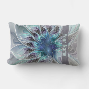 Flourish Abstract Modern Fractal Flower Blue Name Lumbar Pillow