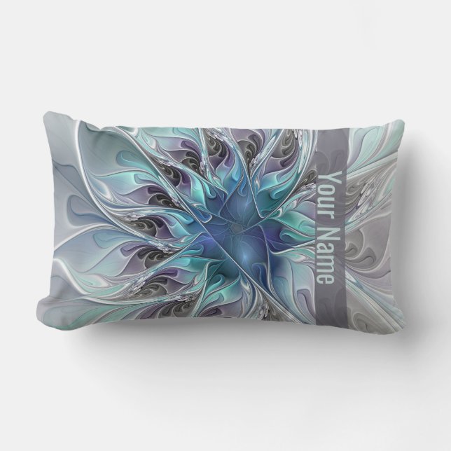 Flourish Abstract Modern Fractal Flower Blue Name Lumbar Pillow (Front)