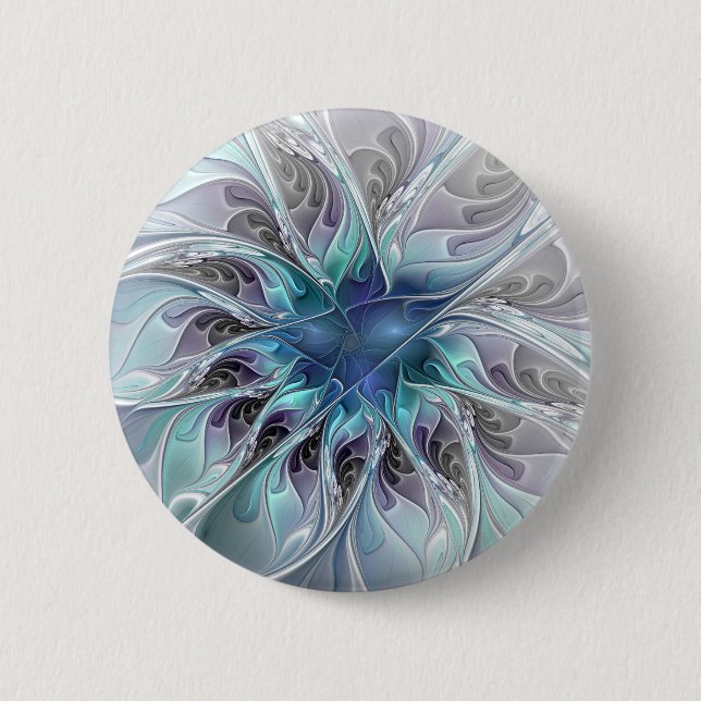 Flourish Abstract Modern Fractal Flower With Blue 2 Inch Round Button (Front)