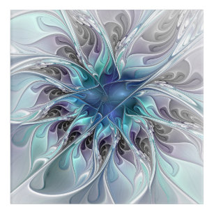 Flourish Abstract Modern Fractal Flower With Blue Acrylic Wall Art
