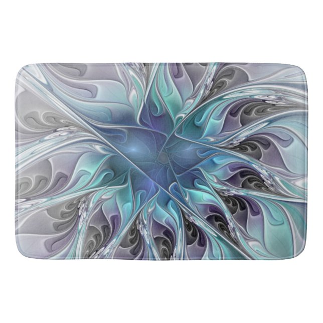 Flourish Abstract Modern Fractal Flower With Blue Bath Mat (Front)