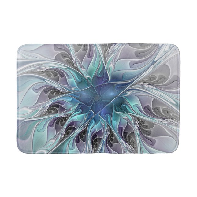 Flourish Abstract Modern Fractal Flower With Blue Bath Mat (Front)