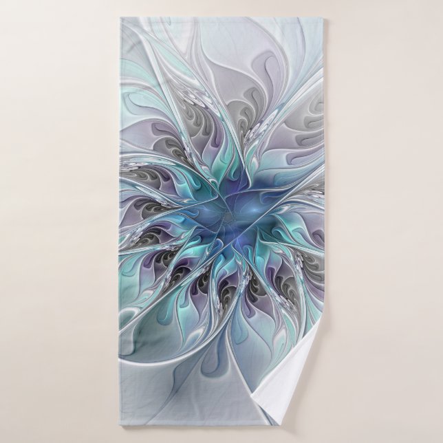 Flourish Abstract Modern Fractal Flower With Blue Bath Towel (Bath Towel)