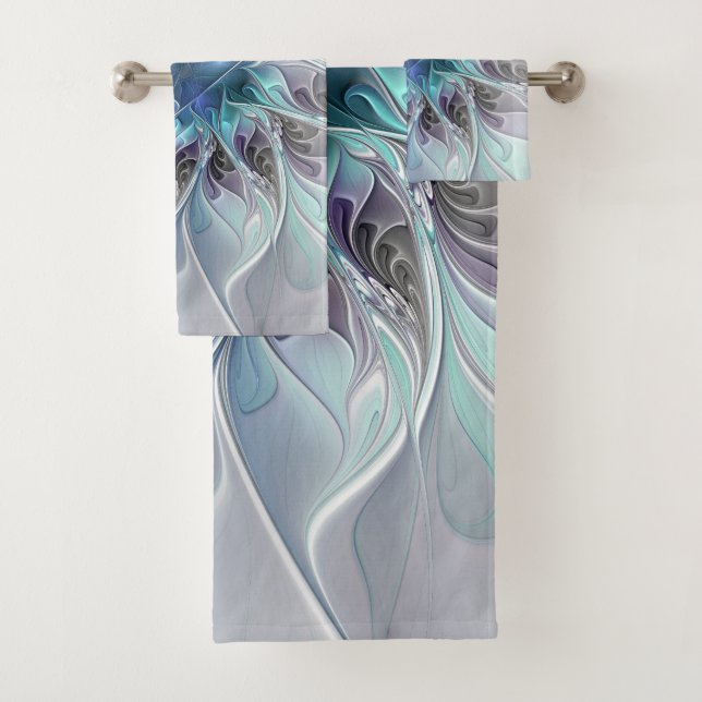 Flourish Abstract Modern Fractal Flower With Blue Bath Towel Set (Insitu)