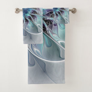 Flourish Abstract Modern Fractal Flower With Blue Bath Towel Set
