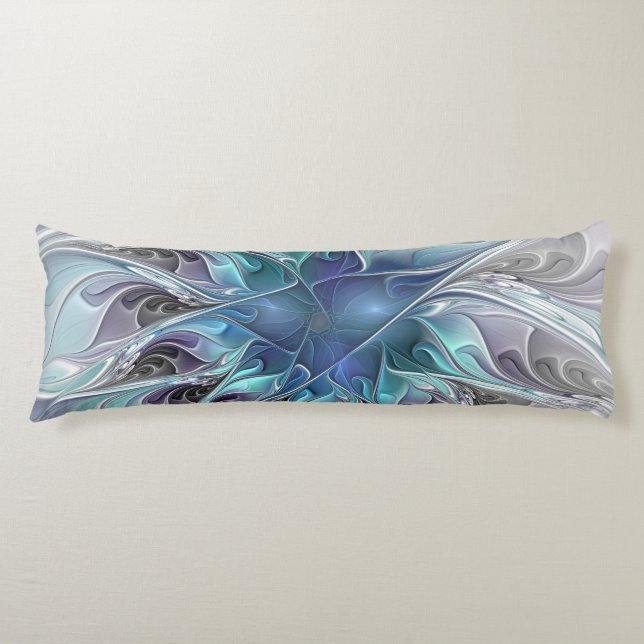 Flourish Abstract Modern Fractal Flower With Blue Body Pillow (Front)