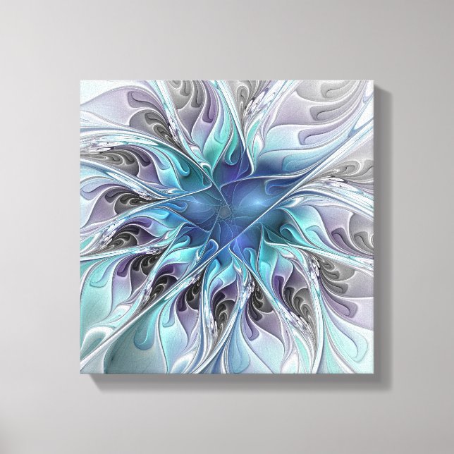 Flourish Abstract Modern Fractal Flower With Blue Canvas Print (Front)