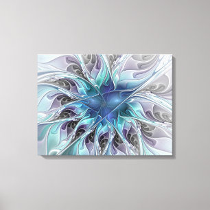 Flourish Abstract Modern Fractal Flower With Blue Canvas Print