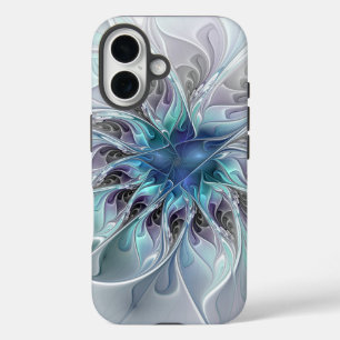 Flourish Abstract Modern Fractal Flower With Blue iPhone 16 Case