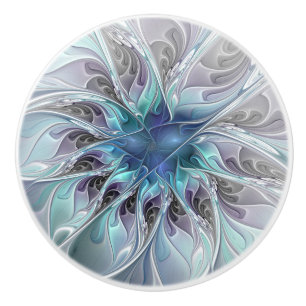Flourish Abstract Modern Fractal Flower With Blue Ceramic Knob