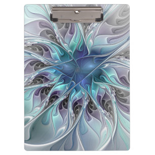 Flourish Abstract Modern Fractal Flower With Blue Clipboard