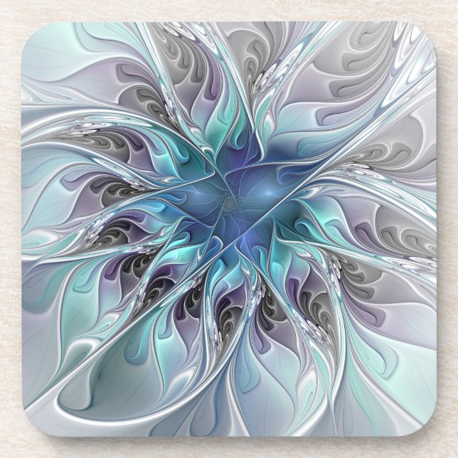 Flourish Abstract Modern Fractal Flower With Blue Coaster (Front)