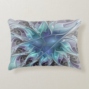 Flourish Abstract Modern Fractal Flower With Blue Decorative Pillow