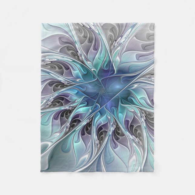 Flourish Abstract Modern Fractal Flower With Blue Fleece Blanket (Front)