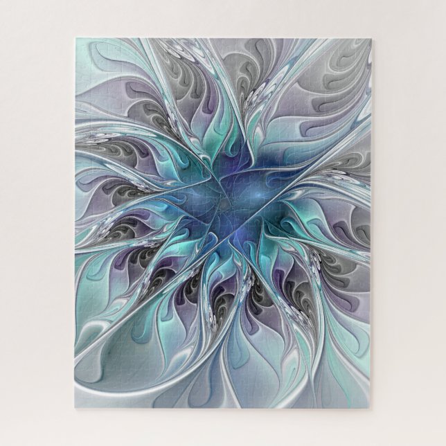 Flourish Abstract Modern Fractal Flower With Blue Jigsaw Puzzle (Vertical)