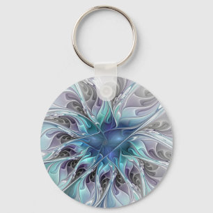 Flourish Abstract Modern Fractal Flower With Blue Keychain