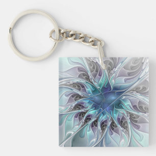 Flourish Abstract Modern Fractal Flower With Blue Keychain