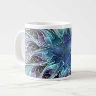 Flourish Abstract Modern Fractal Flower With Blue Large Coffee Mug