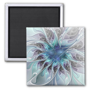 Flourish Abstract Modern Fractal Flower With Blue Magnet