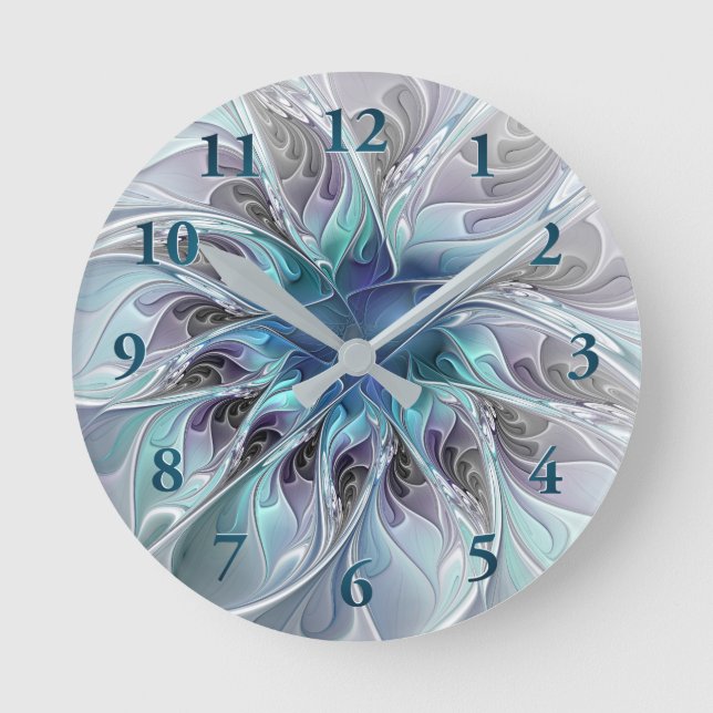 Flourish Abstract Modern Fractal Flower With Blue Round Clock (Front)