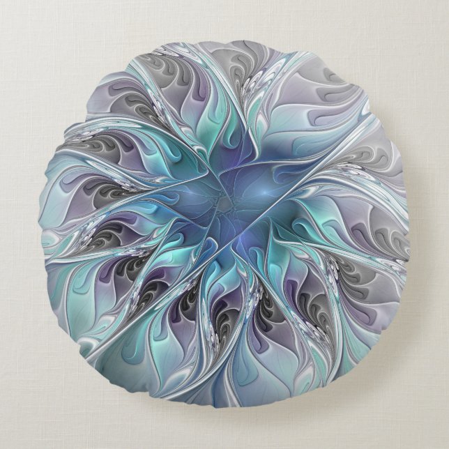Flourish Abstract Modern Fractal Flower With Blue Round Pillow (Front)