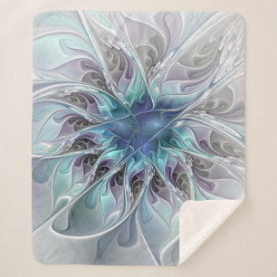 Flourish Abstract Modern Fractal Flower With Blue Sherpa Blanket