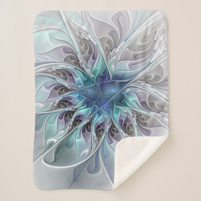 Flourish Abstract Modern Fractal Flower With Blue Sherpa Blanket (Front)