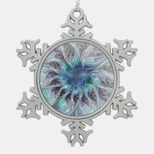 Flourish Abstract Modern Fractal Flower With Blue Snowflake Pewter Christmas Ornament