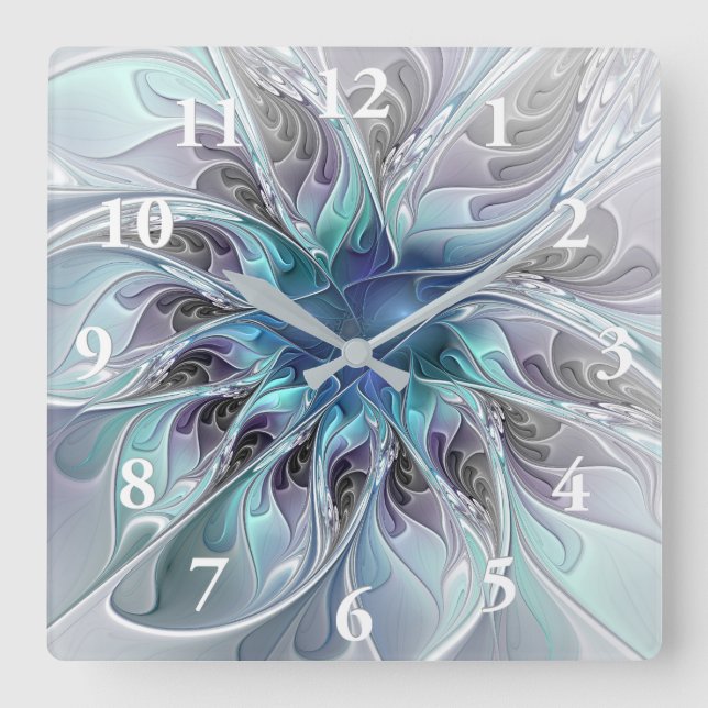 Flourish Abstract Modern Fractal Flower With Blue Square Wall Clock (Front)