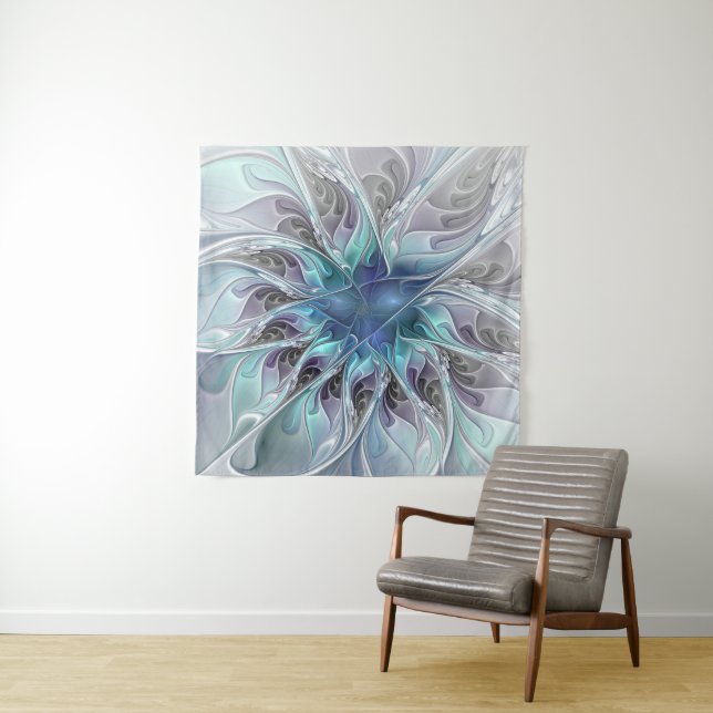 Flourish Abstract Modern Fractal Flower With Blue Tapestry (In Situ)
