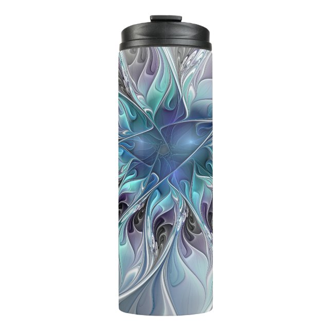 Flourish Abstract Modern Fractal Flower With Blue Thermal Tumbler (Front)