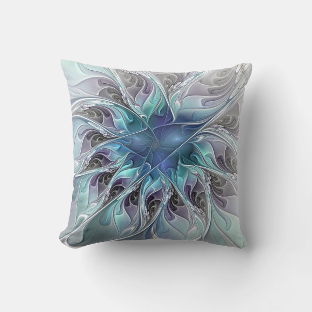 Flourish Abstract Modern Fractal Flower With Blue Throw Pillow (Front)