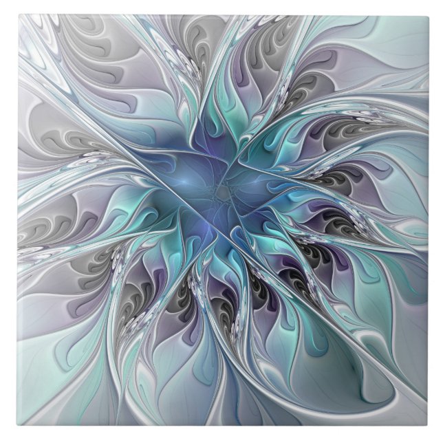 Flourish Abstract Modern Fractal Flower With Blue Tile (Front)