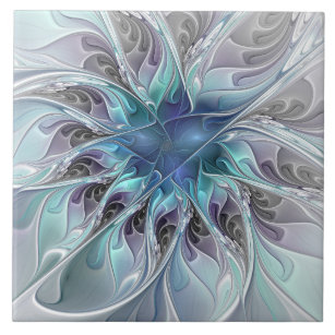 Flourish Abstract Modern Fractal Flower With Blue Tile