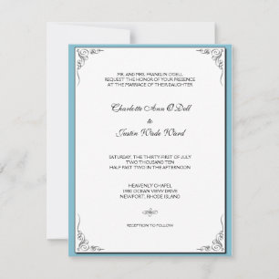 flourish blue; wedding invitation