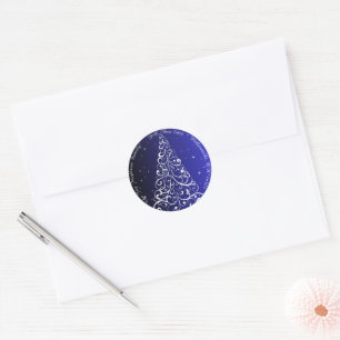 Flourish Christmas Tree Blue Return Address Classic Round Sticker