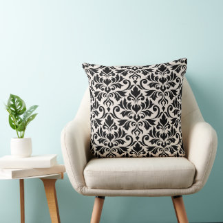 Flourish Damask 2Way Big Ptn Black + Cream Throw Pillow