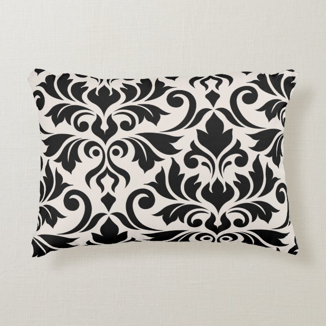 Flourish Damask Art I Black on Cream Accent Pillow (Front)
