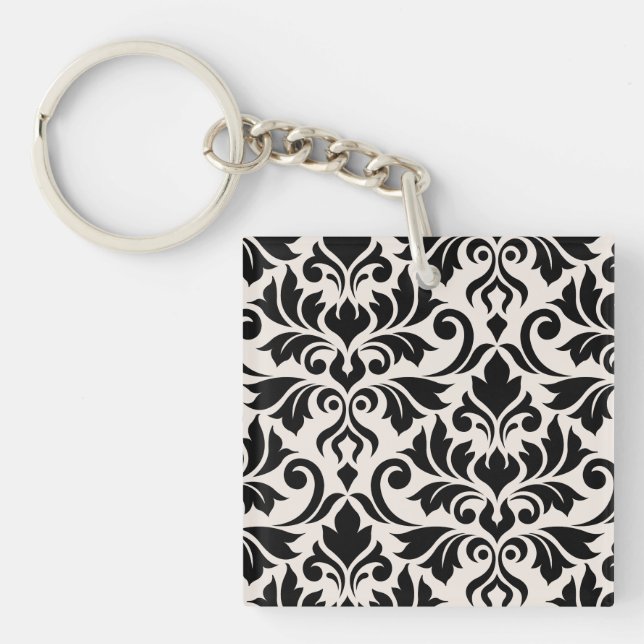 Flourish Damask Art I Black on Cream Keychain (Front)