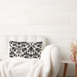 Flourish Damask Art I Black on Cream Lumbar Pillow